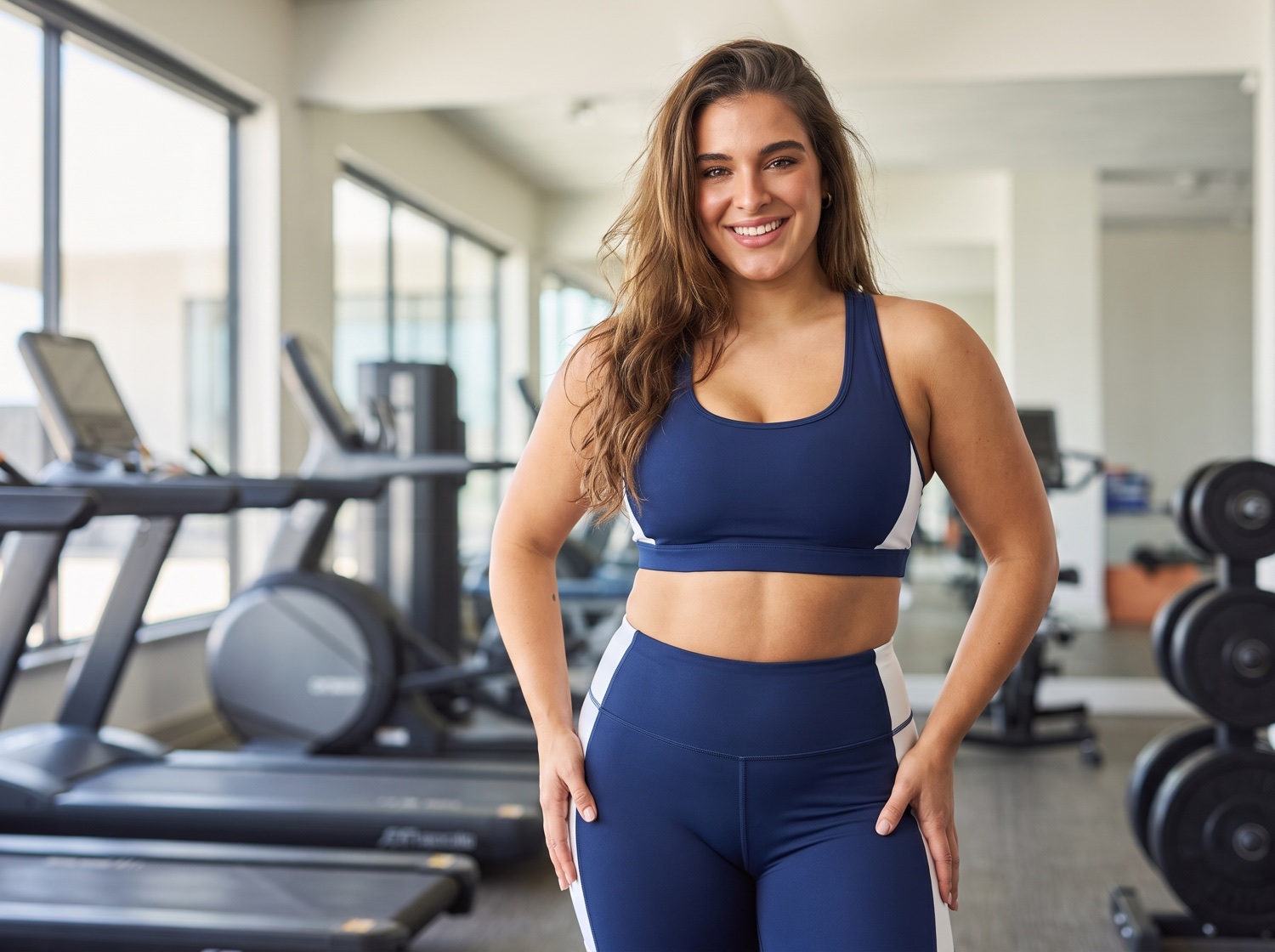 Mujer en ropa deportiva, contenta y motivada rumbo a su meta